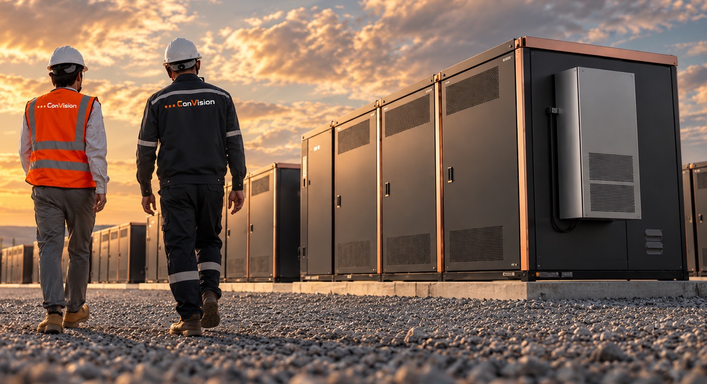 Zwei ConVision-Mitarbeiter gehen an einer Reihe von Batteriespeicher-Containern entlang – Visualisierung